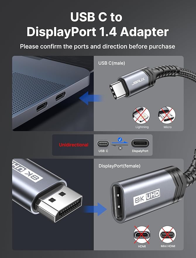 JSAUX USB C to DisplayPort 1.4 Adapter [8K@60Hz, 4K@144Hz 120Hz, 2K@240Hz] Dynamic HDR, 3D Thunderbolt4/3 to Display Port Compatible with Oculus Rift S, MacBook Pro, Reverb G2, Dell XPS, Surface Pro
