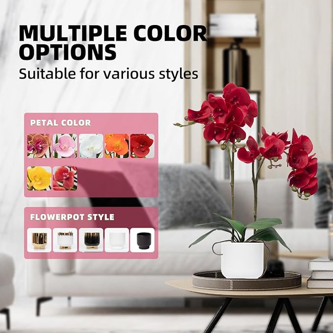 CXGS Orchids Artificial Flowers Real Touch Fake Flowers in Ceramic Pot 20" Red Faux Orchid Plant Lifelike Silk Phalaenopsis for Centerpiece Hotel Home Indoor Decor