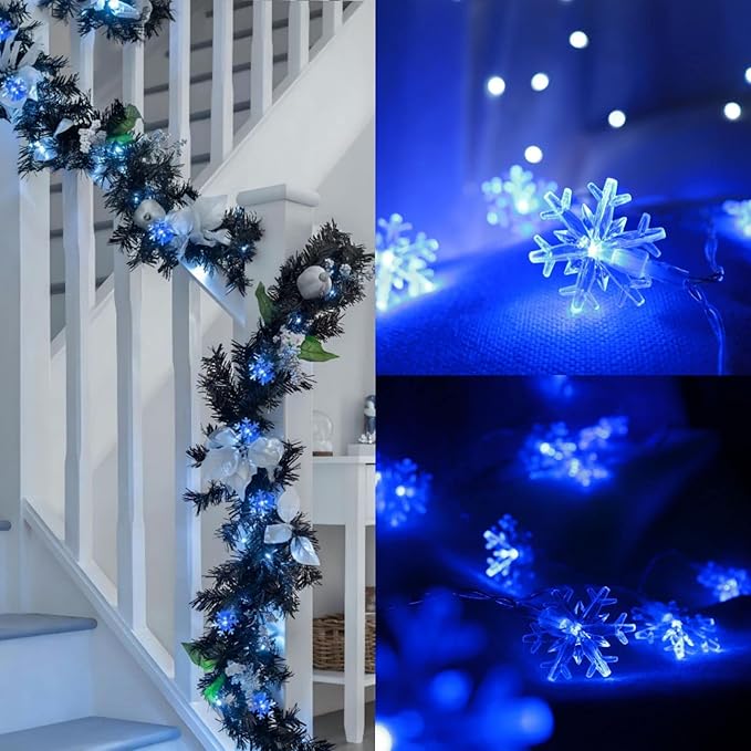 CESOF Christmas Lights, 20 Ft 40 LED Blue Snowflake String Lights Battery Operated Fairy Lights Hanging Lights for Bedroom Patio Room Party Home Xmas Decor Indoor Outdoor Christmas Tree Decoration