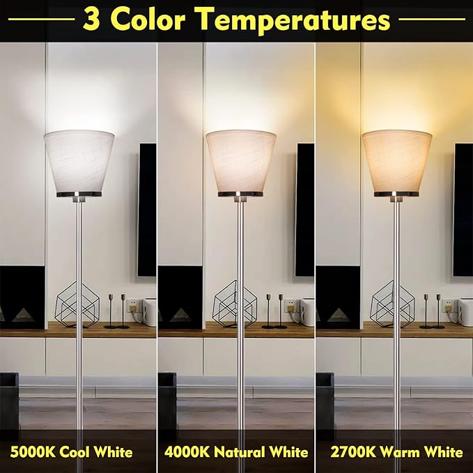 RUNTOP Floor Lamps for Living Room, Floor Lamp for Bedroom, Office, Tall Modern Standing Lamp, LED Floor Lamp with Foot Switch, 3 Color Temperatures 2700k 4000k 5000K, 9W LED Bulb, Linen Lampshade