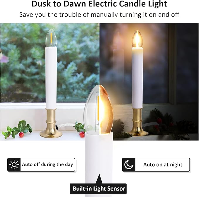 6-Pack Dusk to Dawn Electric Christmas Window Candle Lights with Shatterproof Plastic LED Bulbs, Plug-in Corded Window Candle Lamps, Auto On/Off Light Sensor, 6 Suction Cups Included, Warm White