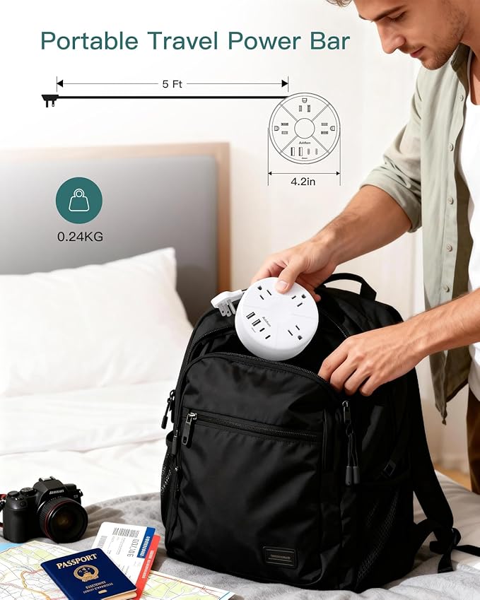 Addtam Travel Esstentials - Cruise Approved Power Strip with 5ft Retractable Cord, Ultra Thin Flat Plug, 3 Outlets 4 USB (2 USB C), Non Surge Protector for Travel/Cruise/Home/Dorm/Office, ETL Listed