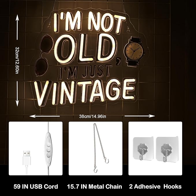 Retro Neon Sign I'm Not Old I'm Just Vintage Warm White LED Light with Glasses and Watch Design for Retro Decor for Live House Vintage Clothing Store Light Sign Gifts to 90s Fans
