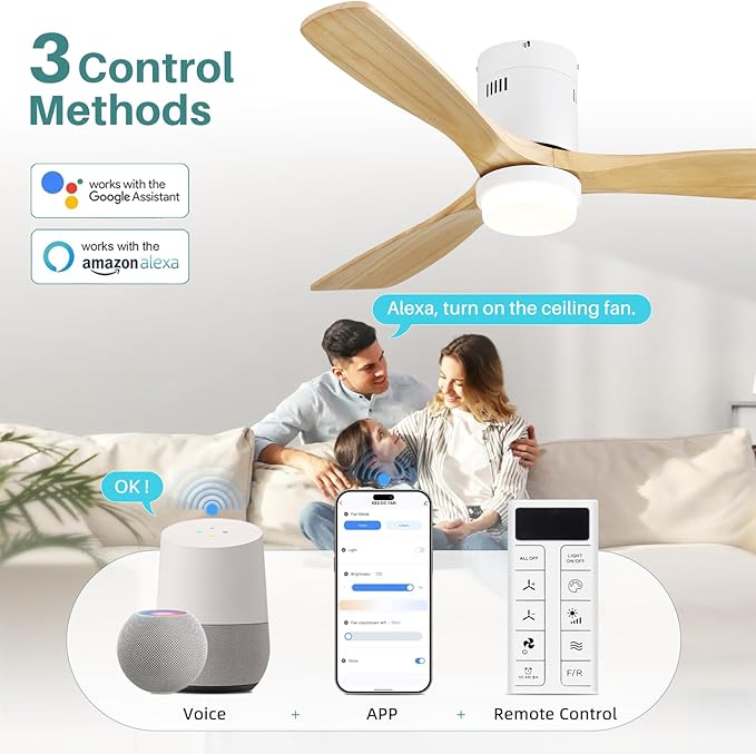 Sofucor 52 Inch Natural Wood & White Smart Ceiling Fans with Light Flush Mount Low Profile Modern Outdoor Solid Wood Ceiling Fan with Alexa/Google/APP/Remote Control for Bedroom/Farmhouse/Patio/Indoor