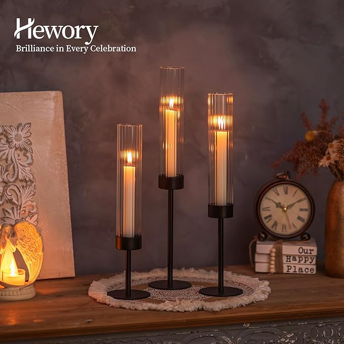 Hewory Black Taper Candle Holders: Candlestick Holders Set of 6 Hurricane Glass Tall Candle Holder for Candlesticks Candle Sticks Holder Decor for Table Centerpiece Wedding Party Christmas Decorations