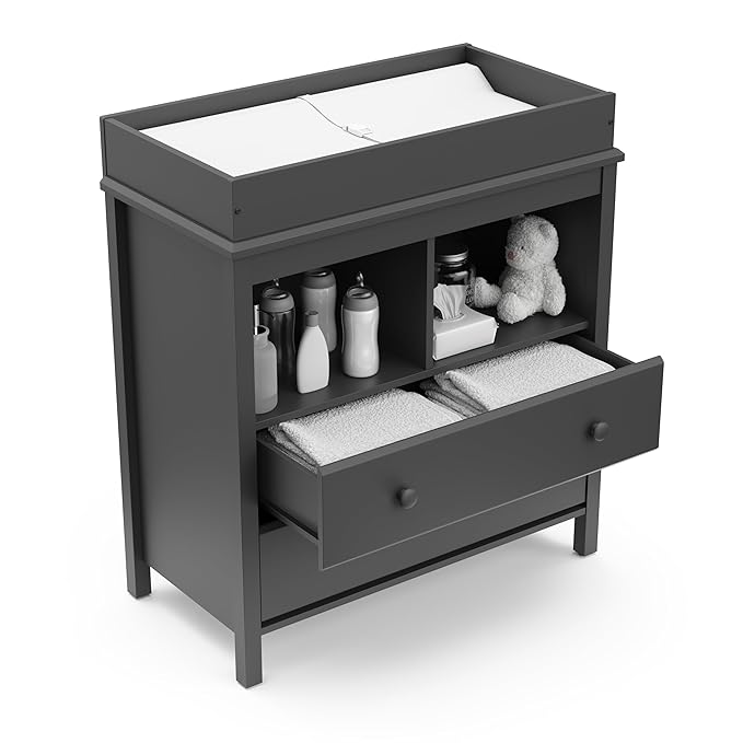 Storkcraft Alpine 2 Drawer Changing Table Chest (Gray) - Attached Changing Table Topper Fits Any Standard-Size Baby Changing Pad, 2 Drawers, 2 Shelves for Extra Nursery Storage, Easy to Assemble