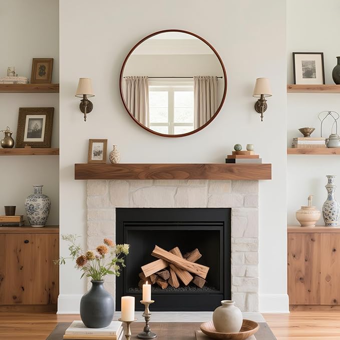 WallBeyond Round Wood Mirror, 32" Round Modern Decoration Large Circle Wall Mirror for Bathroom Living Room Bedroom Entryway, Walnut
