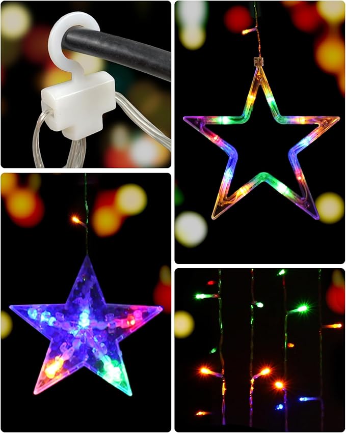 Blingstar Star Curtain Lights 138 LED 12 Star Multicolor Christmas Lights 8.2 Ft Connectable Window Lights with Remote Plug in Curtain String Lights for Christmas Ramadan Bedroom Indoor Outdoor Decor
