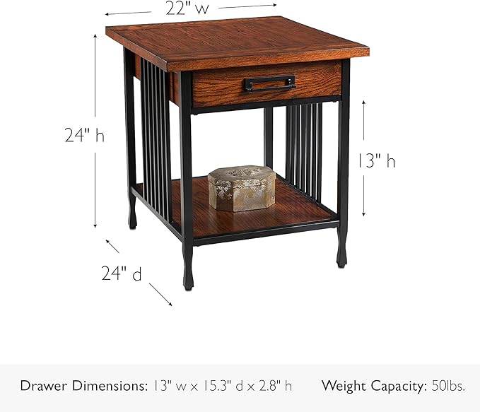 Leick Home Ironcraft Coffee Table, Solid Wood, 2 Drawers, 1 Display Shelf, Mission Oak, Black Steel, Easy Assembly, 46 in L x 22 in W x 20 in H, 11262