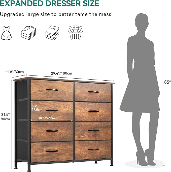 YITAHOME 8 Drawers Fabric Dresser, Furniture Storage Tower Cabinet, Organizer for Bedroom, Living Room, Hallway, Closet, Sturdy Steel Frame, Wooden Top, Easy-to-Pull Fabric Bins
