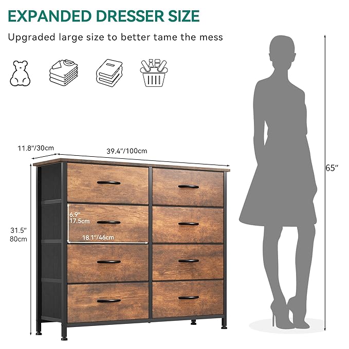 YITAHOME 8 Drawers Fabric Dresser, Wide Storage Tower Cabinet, Organizer for Bedroom, Living Room, Hallway, Closet, Sturdy Steel Frame, Wooden Top, Easy-to-Pull Fabric Bins (Earthy Brown)