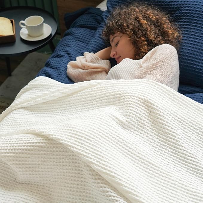 PHF Pre-Washed Cotton Waffle Weave Family Blanket,Oversized King Size 120"x 120"-Snag Proof Lightweight Breathable, 10'x 10' Huge Extra Large Big-Elegant Aesthetic Home Decoration Gift,Cream