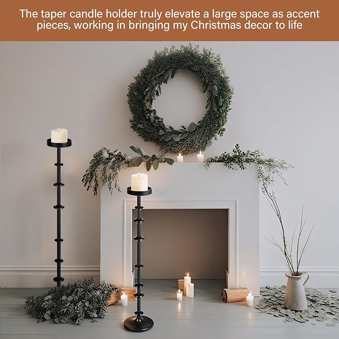 Maxdot Black Metal Pillar Candle Holder 36" 29" Tall Decorative Taper Candle Stand Set of 2 Floor Candlestick Holder Large Metal Black for Christmas Halloween Living Room