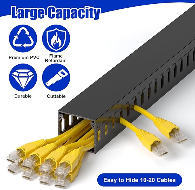 ZhiYo H1.4 x W1.6in Server Rack Cable Management Raceway, 12ft (4xL3ft) Cable Duct Kit, Electrically Safe PVC for Network Wire Management, Open Slot Cord Hider for Computer Under Desk, Black