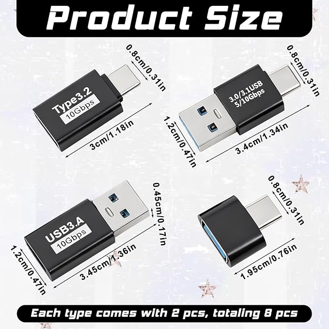 8 Packs USB 3.0/3.1 Male to USB-C Male Adapter, Suitable for Laptop Phone Connected U Disk Keyboard, Fast Data Transfer