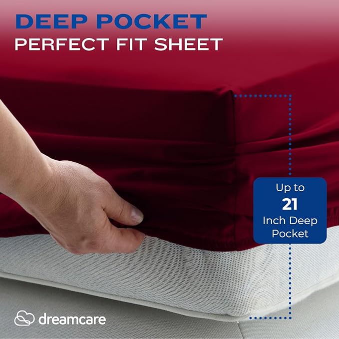 DREAMCARE Twin XL Sheet Sets - 4pc Cooling Sheets XL Twin Sheets - up to 21” Deep Pocket – Hotel Luxury Extra Long Twin XL Bed Sheets 100% Brushed Microfiber with Side Pocket - Burgundy