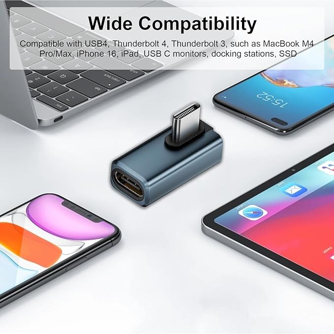 Poyiccot 2-Pack Right Angle USB C Adapter, 80Gbps/240W PD/8K@60Hz, USB C Right Angle Adapter 90 Degree Type C Extender Support Thunderbolt 5/4 for iPhone 15, MacBook, Steam Deck, Switch