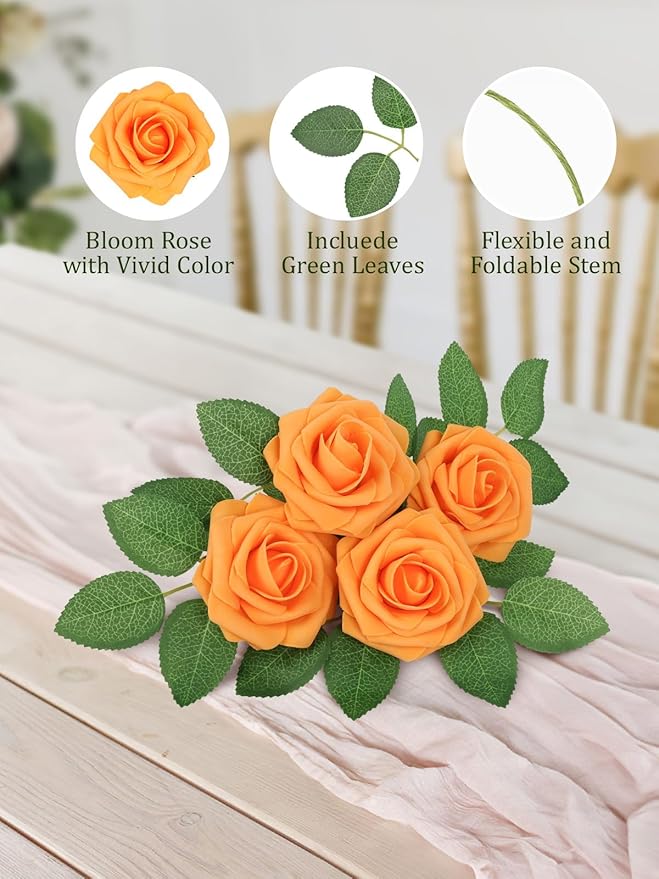 MACTING Artificial Rose Flowers 30PCS Real Touch Fake Flowers with Stem Orange Faux Foam Roses for DIY Wedding Bouquet Table Centerpieces Party Bridal Shower Home Fall Thanksgiving Decor