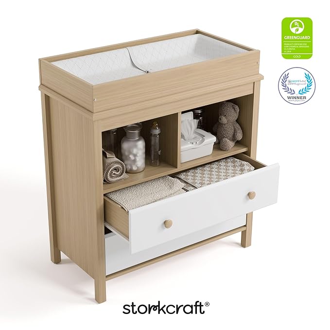 Storkcraft Alpine Nursery Changing Table Dresser Combo (White with Driftwood) – GREENGUARD Gold Certified, Dresser for Nursery, Changing Table with Drawers, Removable Changing Table Topper