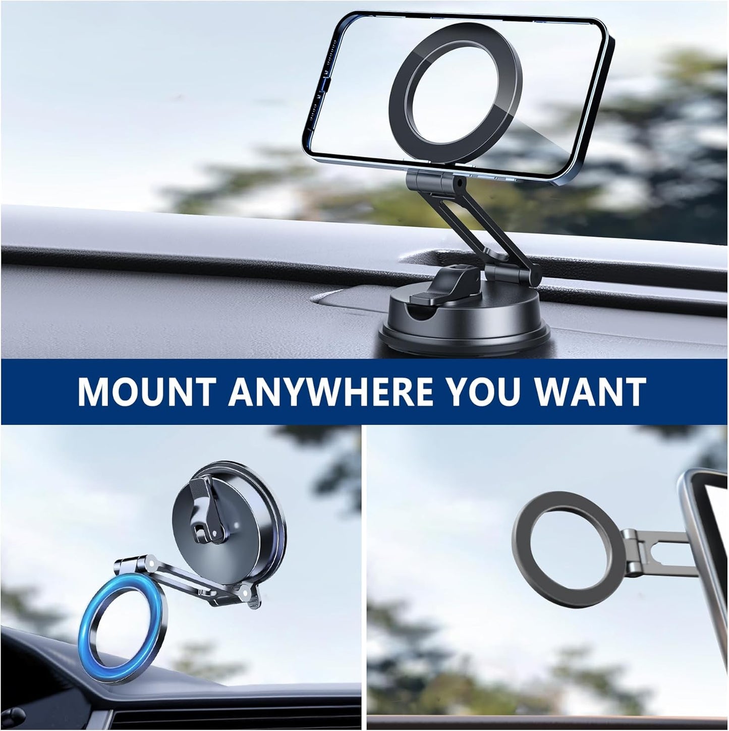 Magnetic Car Mount Never Falling - Dual-Fixing 360° Rotation Dashboard Holder for iPhone 15/14/13/12