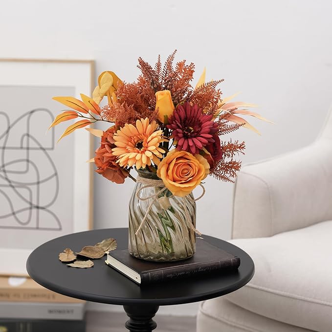 Fake Flowers Artificial Flowers with Vase, Faux Silk Flowers Fake Plants for Farmhouse Kitchen Dining Table Decorations, Fall Decorations for Home Office