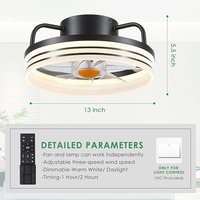 Ceiling Fans with Lights and Remote - Flush Mount Low Profile Ceiling Fans - 13” Bladeless Enclosed Ceiling Fans with Led Light and Stepless Dimming, Small Modern Ceiling Fan for Bedroom