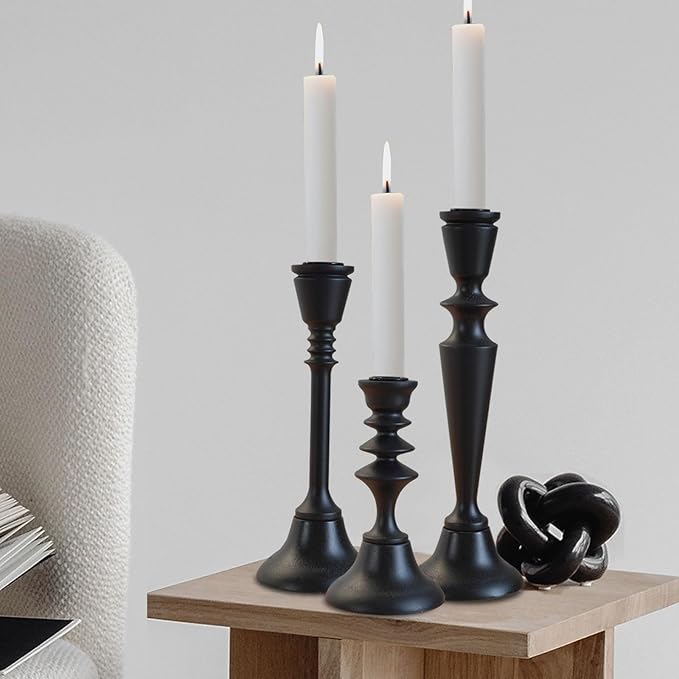 Candlestick Holders Black Candle Holder Set in 3 Designs-Taper Candle Holders Set of 3 for Candlesticks,Modern Wood Candle Stick Candle Holders for Decor