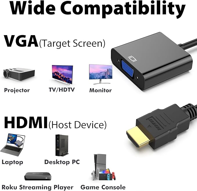 VGA to HDMI Adapter Cable – Uni-Directional 1080P HDMI to VGA Converter for PC, Laptop, Xbox, Roku, TV Box – Gold-Plated, Plug & Play, Monitor Compatible