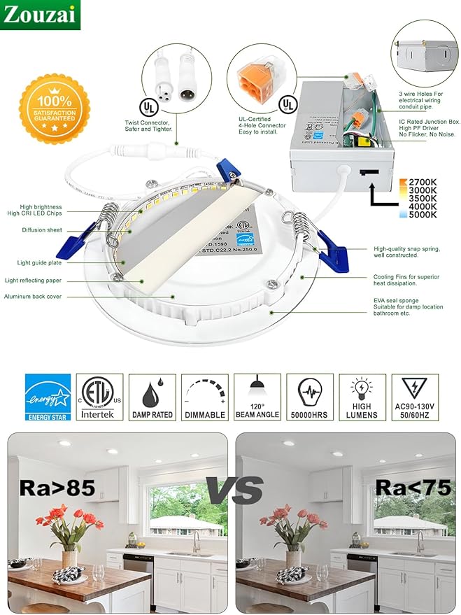 zouzai 12 Pack 4 Inch 5CCT Ultra-Thin LED Recessed Ceiling Light with Junction Box, 2700K/3000K/3500K/4000K/5000K Selectable, 9W Eqv 80W, Dimmable, led can Lights - ETL and Energy Star Certified