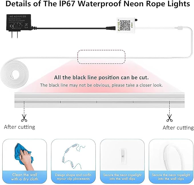 Neon Rope Lights, 40FT（2 Rolls of 20ft ） RGB Led Strip, Waterproof IP67, DIY Design, Music Sync, 44 Keys Remote Control, Multiple Modes, for Living Room, Bedroom, Holiday Decoration