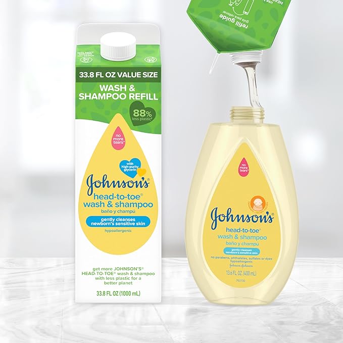 Johnson's Head-To-Toe Gentle Body Wash & Shampoo for Baby's Sensitive Skin & Hair, Tear-Free, Sulfate-Free & Hypoallergenic, Value Size Refill, 33.8 fl. oz (Pack of 2)