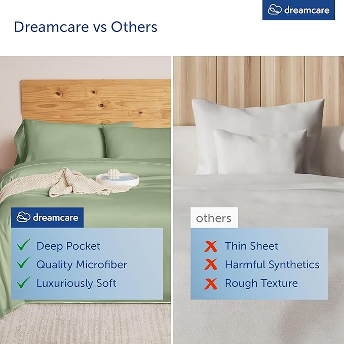 DREAMCARE Queen Size Sheets - Cooling Bed Sheets - 4pcs Set - up to 15" Deep Pocket Queen Sheet Set - Sheets Queen Size Bed - Soft & Long Lasting 100% Fine Microfiber with Side Pocket - Sage Green