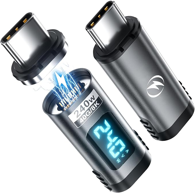 Digital Display USB C Magnetic Adapter PD240W 24Pin(2 Pack) with Voltage Current Power LED Display, Type C Power Meter Tester Straight USBC 4 40Gbps 8K 60Hz for Thunderbolt 3/4, MacBook Pro/Air
