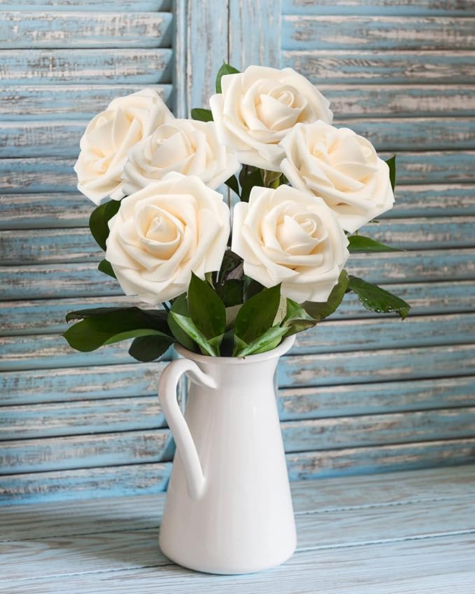 JOYLEX Artificial Flowers Realistic Roses, 50pcs Real Looking Fake Roses with Stem for DIY Wedding Bouquets Centerpieces Bridal Shower Party Home Romantic Decorations (Champagne)