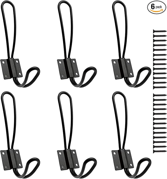 Rustic Entryway Hooks-6 Pack Farmhouse Hooks with Metal Screws Included, Black Decorative Wall Mounted Rustic Coat Hooks Rack, Double Vintage Organizer Hanging Wire Hook Clothes Hanger