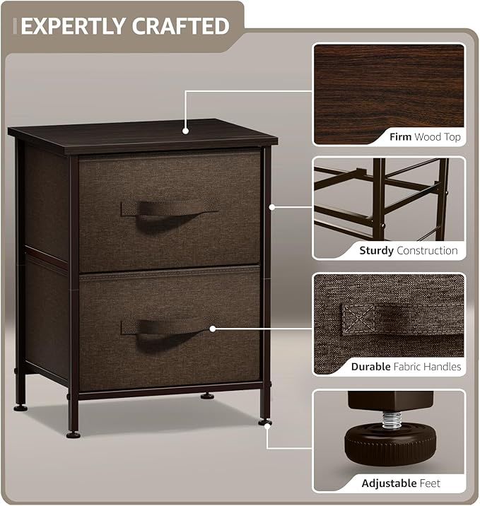 Sorbus Nightstand with 2 Drawers - Bedside Furniture End Table Night Stand with Steel Frame, Wood Top & Easy Pull Fabric Bins - Small Dresser & Chest for Home, Bedroom Accessories & Office