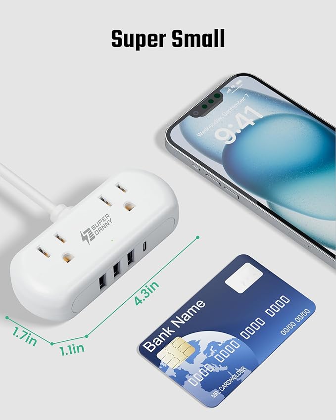 Power Strip with USB, SUPERDANNY Mini Surge Protector with 2 Wide-Spaced Outlets, 3 USB-A 1 USB-C, 5 Ft Extension Cord, Flat Plug, Compact Size Desktop Charging Station Travel, Home, Office, White