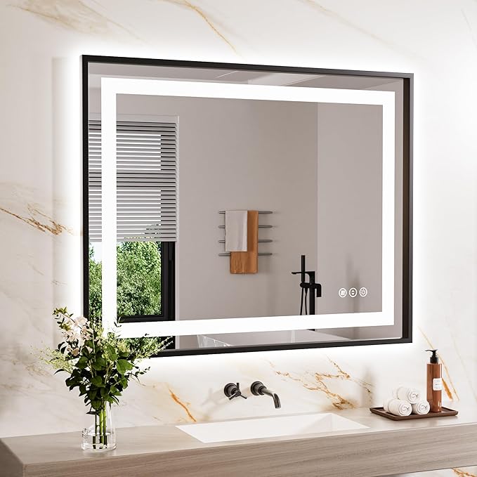 LED Bathroom Mirror,40"x32" Mirror with Black Frame, Front Light and Backlit, Stepless Dimmable, Anti-Fog, Shatter-Proof, Memory, 3 Colors, LED Vanity Mirror