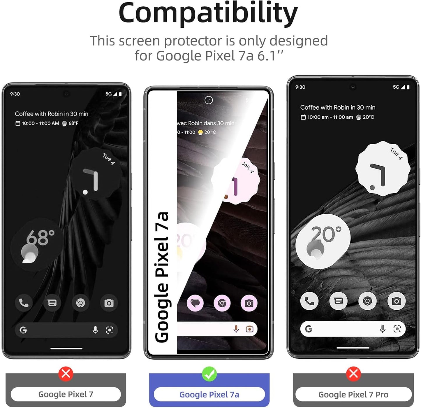 NEW'C Tempered Glass Screen Protector for Google Pixel 7a - 3 Pack, Ultra Resistant, Bubble Free.