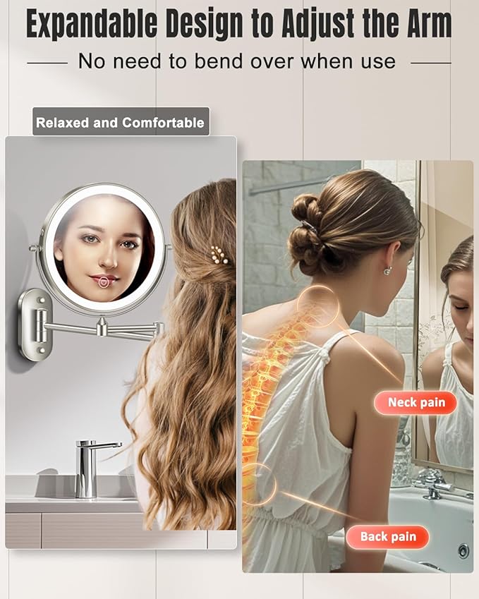 30X/1X Wall Mounted Lighted Makeup Mirror, 8'' Double Sided Rechargeable Magnifying Bathroom Mirror with Light, 3 Color Lights Touch Dimmable Extended Arm 360 Rotation Light up Mirrors