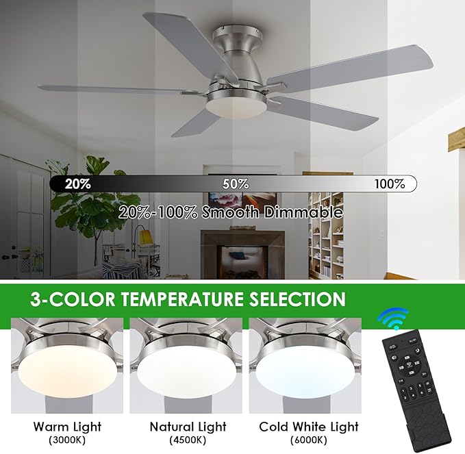 Ceiling Fans with Lights, 56" Flush Mount Ceiling Fan with Light and Remote/APP Control, Low Profile, Modern Ceiling Fan Reversible, Dimmable, Noiseless, Brushed Nickel for Bedroom
