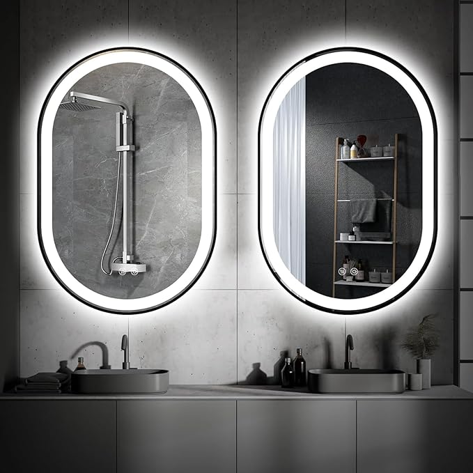 Niccy Oval LED Mirror for Bathroom, 36x24 Front Lit + Backlit Vanity Mirrors with Light Anti-Fog, Shatter-Proof, 3 Colors, Makeup Mirror with Black Frame (Horizontal/Vertical)