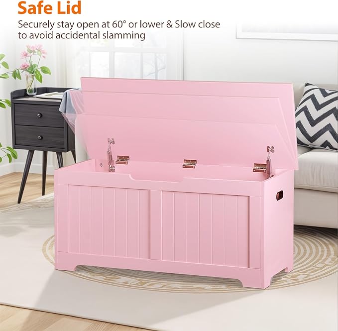 Wooden Storage Chest Box with Flip-top Lid & Safety Hinge, 39.4 Inch Living Room Organizer, Bedroom Bench, Pink