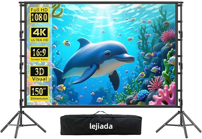 Giant 150 inch Portable Projector Screen with Dual Stand, 4K HD Front/Rear Projection Movie Screen for Backyard Theaters and Camping, Foldable Anti-Crease Fabric with Carry Bag
