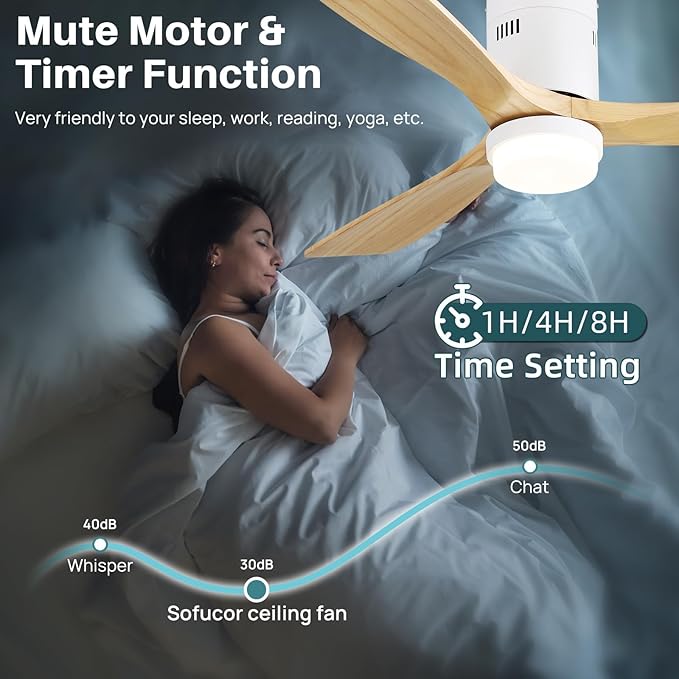 Sofucor 52 Inch Natural Wood & White Smart Ceiling Fans with Light Flush Mount Low Profile Modern Outdoor Solid Wood Ceiling Fan with Alexa/Google/APP/Remote Control for Bedroom/Farmhouse/Patio/Indoor