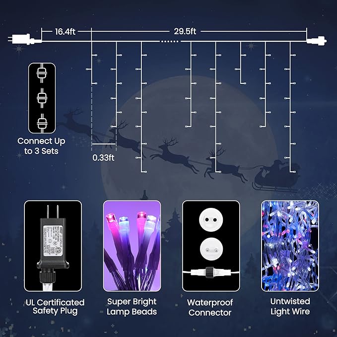 Toodour Red White Blue Christmas Icicle Lights, 29.5ft 360 LED Icicle Lights, 8 Modes, 60 Drops, Window Curtain Led Christmas Light, Icicle Twinkle Light for Eaves, Party, Wedding, Xmas Decorations