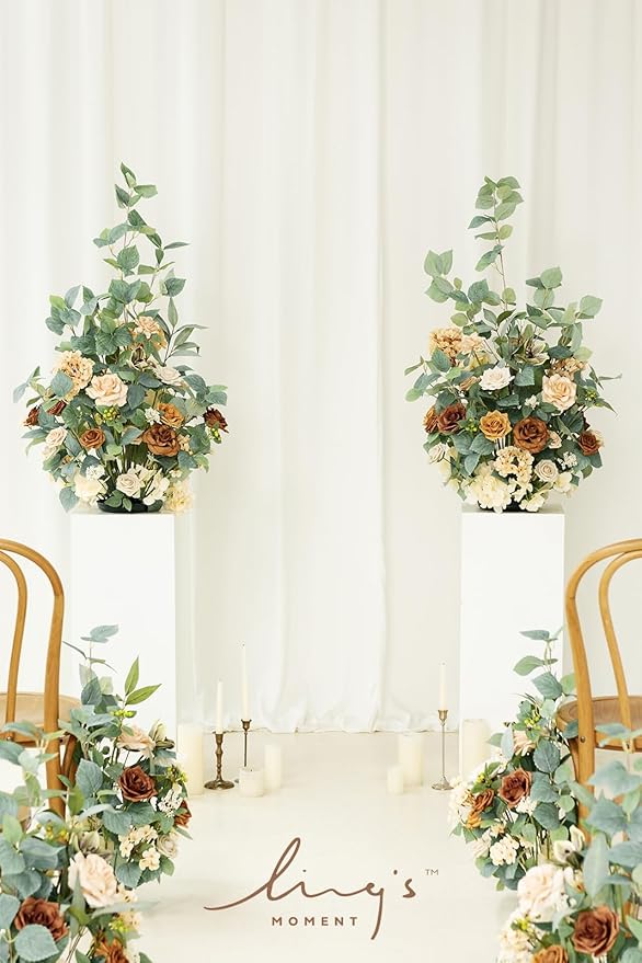 Ling’s Moment 41.0"Tall Free-standing Wedding Aisle Artificial Flowers for Ceremony Decor, 2PCS Apricot & Peach Walkway Fake Floral Chair Markers, Faux Rose Altar Arch Arrangement decorations Outdoor