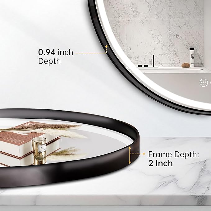 24 Inch Round Bathroom Mirror with Lights, Black Metal Framed Frontlit Circle Mirrors for Wall, Led Light Mirror with Anti-Fog, Memory Function, 3 Color Temperature, Dimmable Makeup Mirror