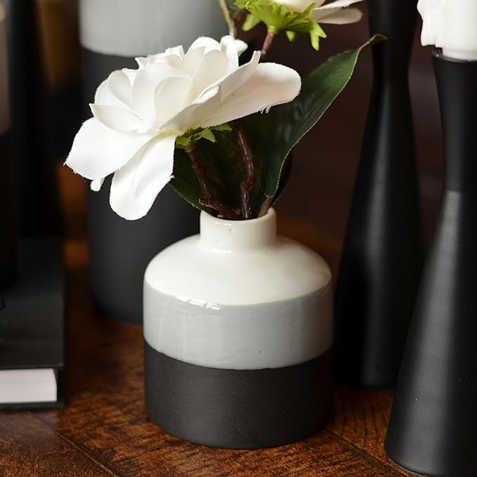 Iconic Dipped Scandinavian Style Bud Vases, Set of 3, Glazed Porcelain, Tonal Shades, Pale Grey, Grey, and Black, Round, 11.5, 7, 4.25 Inches