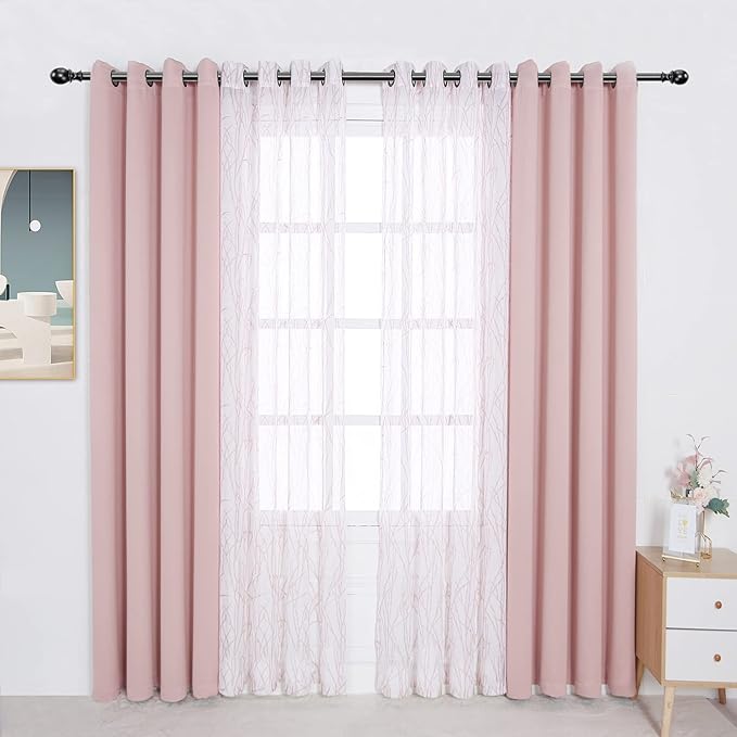 BONZER Mix and Match Curtains - 2 Pieces Branch Print Sheer Curtains and 2 Pieces Blackout Curtains for Bedroom Living Room Grommet Window Drapes, 54x63 Inch/Panel, Blush, Set of 4 Panels